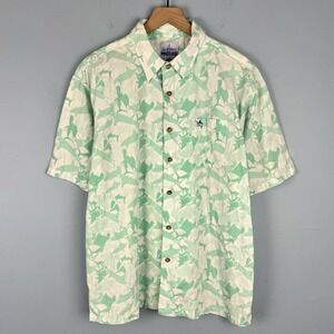 Guy Harvey Mens Medium Button Up Green White Marlins Old San Juan PR S/S Shirt